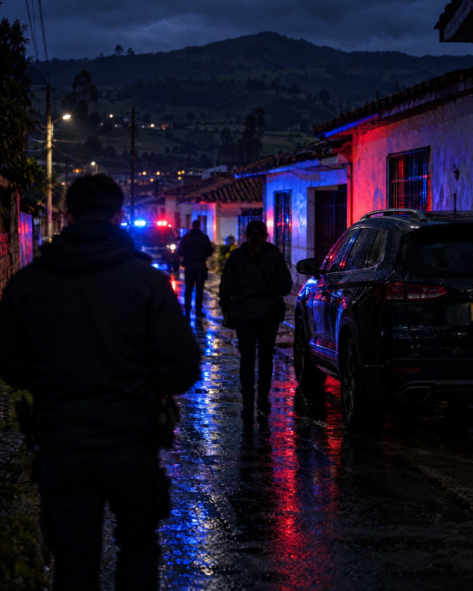 Ilustración: calle de noche con luces de patrulla al fondo y personas caminando de espaldas.